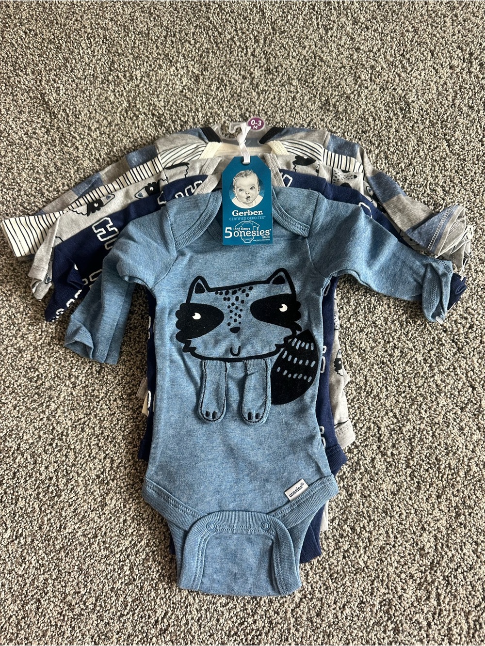 NWT Gerber Onesies 5-Pack Long Sleeve Bodysuits 0–3 Months Raccoon Theme